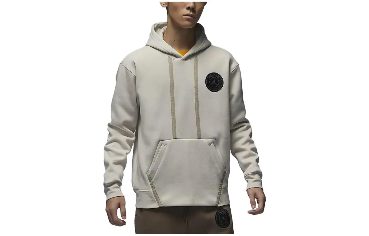 Jordan Paris Saint Germain Logo Fleece Lined Pullover Hooded Casual Sweatshirt Men's Light Bone