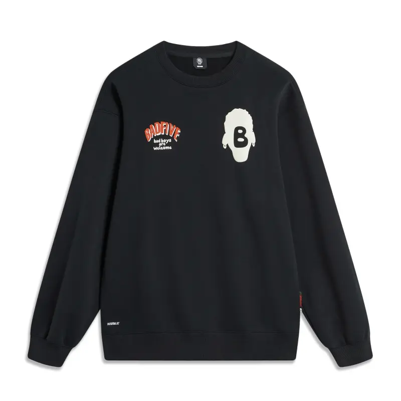 Li Ning BADFIVE Letter 3D Effect Print Loose Fit Fleece Lined Thermal Pullover Sweatshirt Unisex Black
