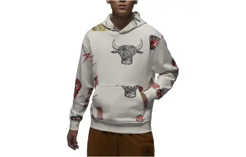 Jordan Brooklyn All Over Print Hooded Fleece Lined Casual Long Sleeved Sweatshirt Men's Sail White