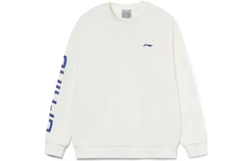 Li Ning Sports Fashion Collection Logo Letter Print Crew Neck Pullover Fleece Lined Sweatshirt Men's White