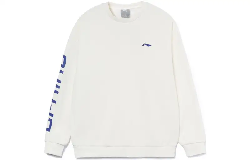 Li Ning Sports Fashion Collection Logo Letter Print Crew Neck Pullover Fleece Lined Sweatshirt Men's White