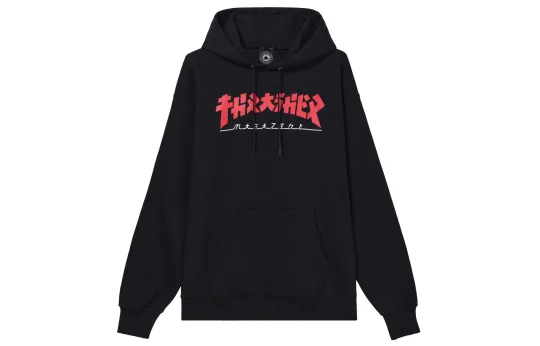 Thrasher Godzilla Hoodie Text Print Fleece Lined Pullover Hooded Long Sleeved Sweatshirt US Version Unisex Black