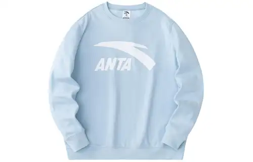 Anta Crew Neck Pullover With Fleece Lining And Letter Print Sweatshirt Unisex Light Bright Blue
