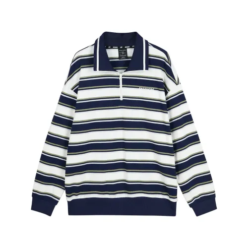 Skechers Colorful Sweatshirts Unisex Navy Blue White Mixed Color Stripes 03UB Lapel Moderate Regular