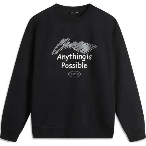 Li Ning Sports Life Collection Anti Static Antibacterial Thermal Pullover Crew Neck Long Sleeved Fleece Lined Letter