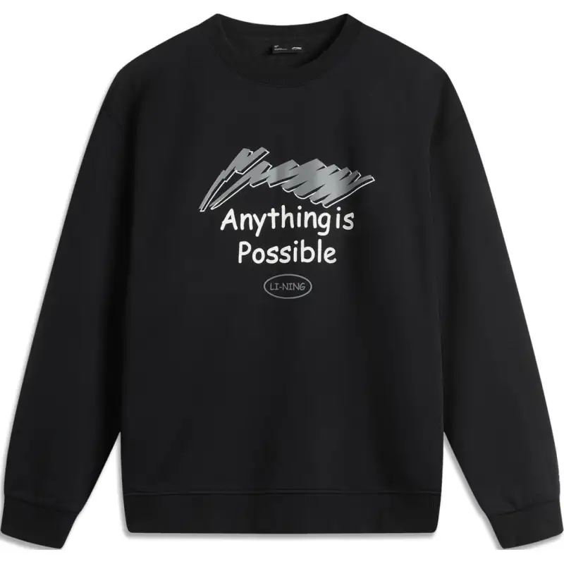 Li Ning Sports Life Collection Anti Static Antibacterial Thermal Pullover Crew Neck Long Sleeved Fleece Lined Letter