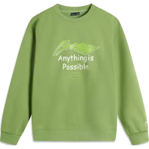 Li Ning Sports Life Collection Anti Static Antibacterial Thermal Letter Crew Neck Long Sleeved Pullover Fleece Lined