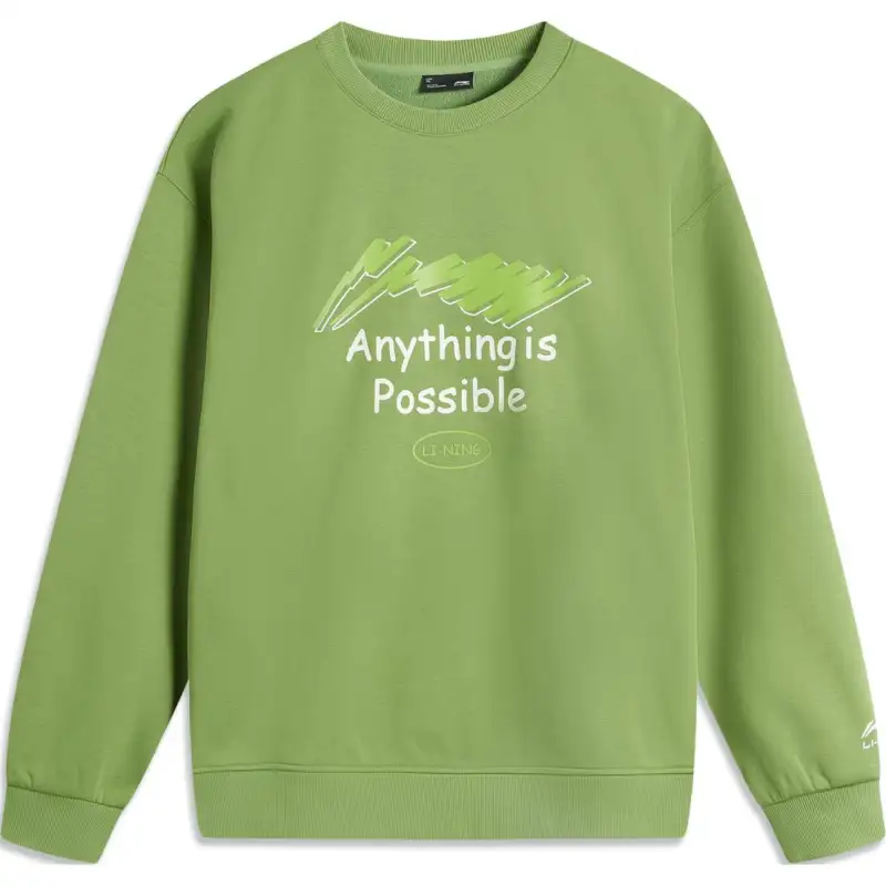 Li Ning Sports Life Collection Anti Static Antibacterial Thermal Letter Crew Neck Long Sleeved Pullover Fleece Lined