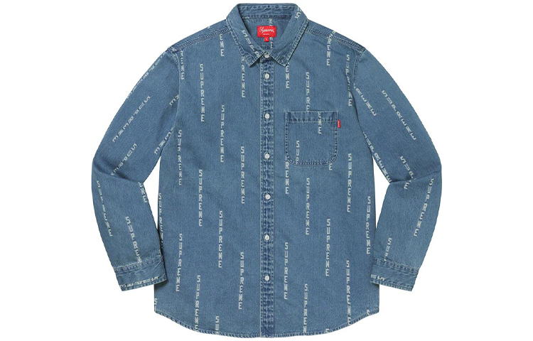 рубашка Supreme FW20 Week 15 Logo Stripe Jacquard Denim Shirt Logo (синий) — фото 1
