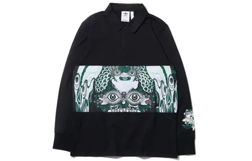 Adidas originals Clover Galllery Rugby Shirt Casual Sports Print Pattern Long Sleeve Shirt Men's Black