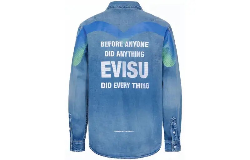 EVISU Shirts Men's Denim Blue Lapel Moderate Denim