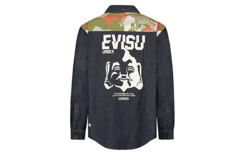 EVISU Shirts Men's Denim Blue Stand Collar Moderate Denim
