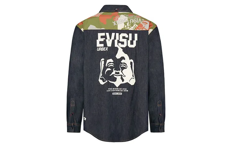 EVISU Shirts Men's Denim Blue Stand Collar Moderate Denim