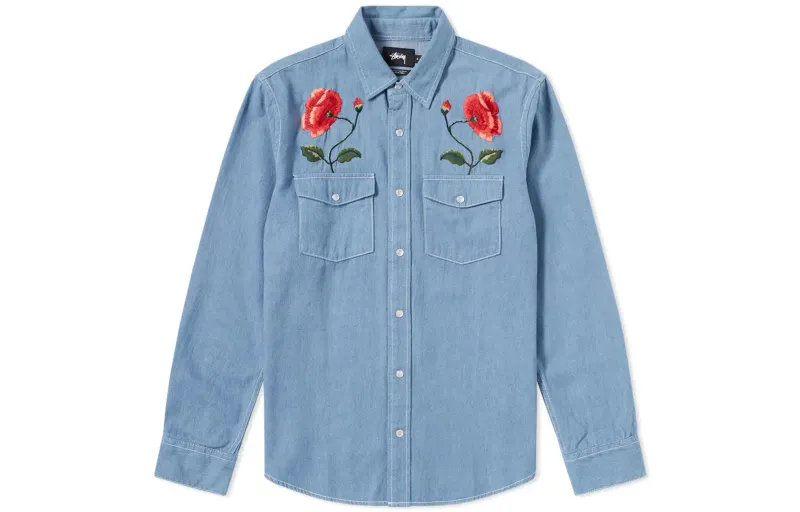Stussy Shirts Men's Pointed Collar Moderate Denim