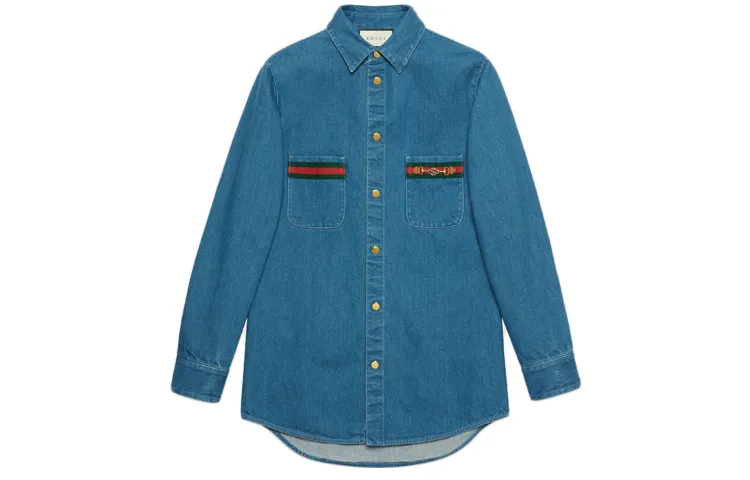 Web-detail long-sleeve denim shirt