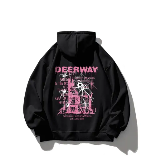 DEERWAY Del Hui American Tower Spider Letters Alien Object Print Casual Loose Hooded Off Shoulder Sweatshirt Same Style for Men and Women