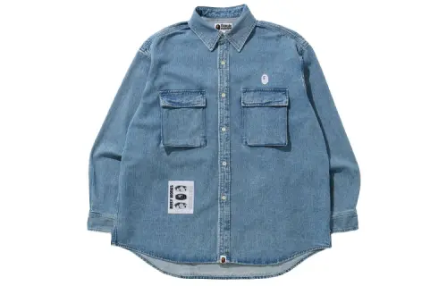 A BATHING APE Shirts Unisex Denim Blue Polo Collar Moderate Denim