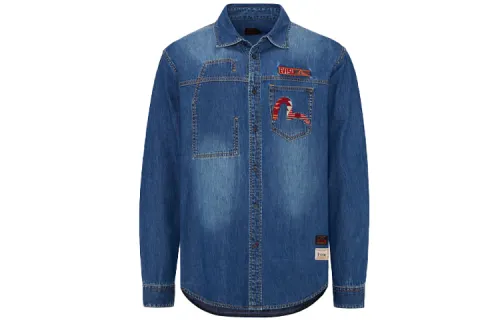 EVISU Shirts Men's Blue Lapel Moderate Denim