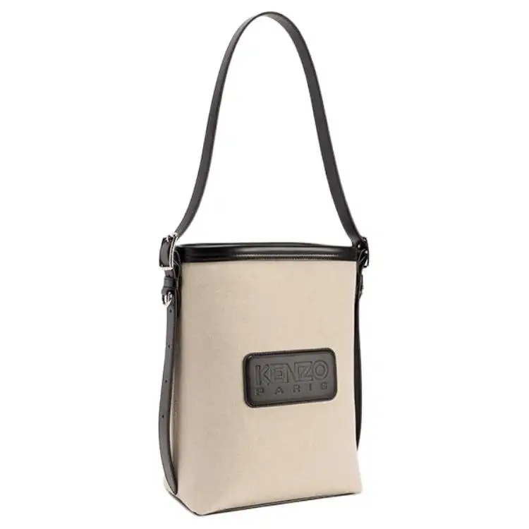 KENZO Fabric With Cow Leather Handbag, Shoulder Bag Medium Unisex Beige & Black
