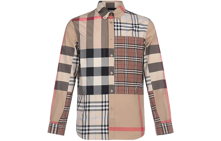 Burberry Men Classic Check Cotton Loose Fit Long Sleeve Shirt Light Almond