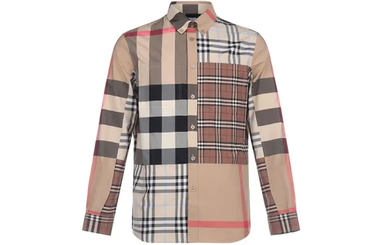 Burberry Men Classic Check Cotton Loose Fit Long Sleeve Shirt Light Almond