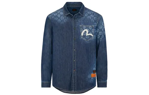 EVISU Shirts Men's Denim Blue Pointed Collar Moderate Shirt
