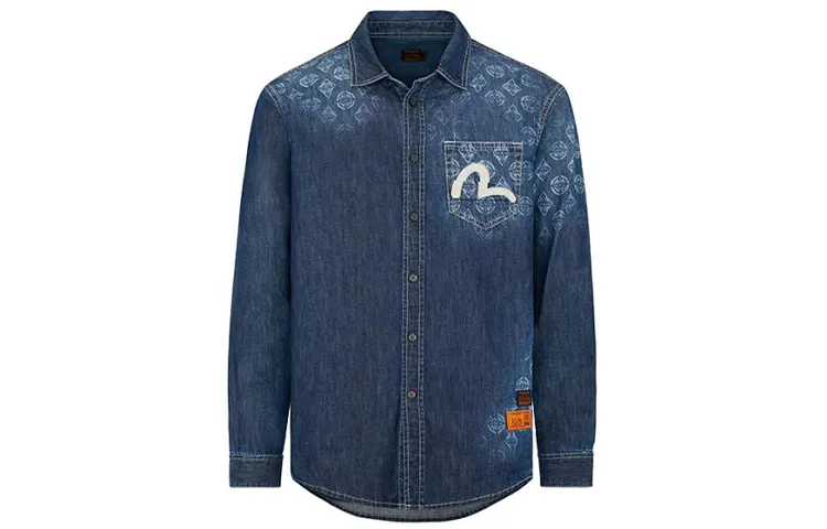 EVISU Shirts Men's Denim Blue Pointed Collar Moderate Shirt