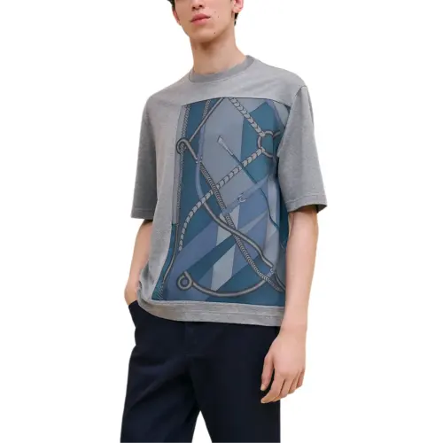 HERMES T Shirts Men's Gray Crew Neck Moderate Straight Fit