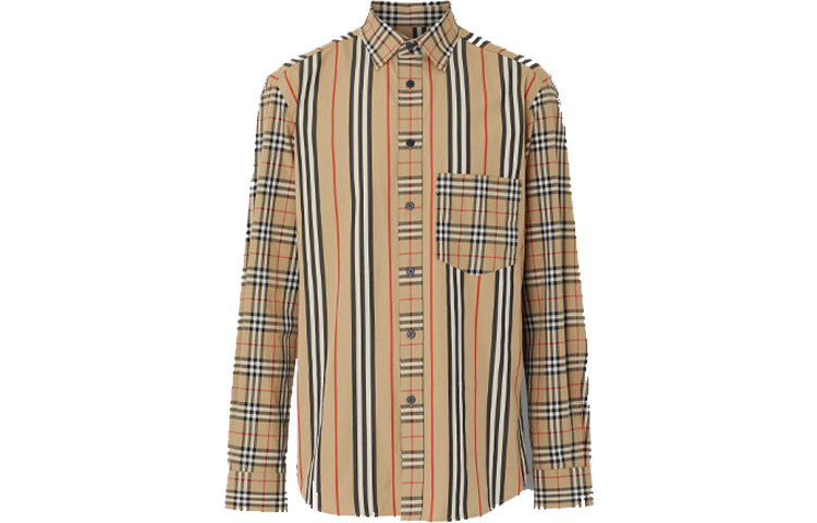Burberry Burberry Striped Print Point Collar Single Breasted Long Sleeve Shirt Men's Collection Beige
