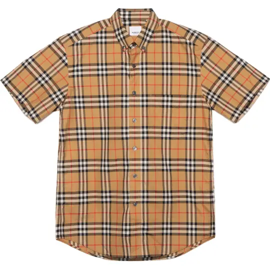 Burberry Men Plaid Patterns Short Sleeves Shirts Yellow