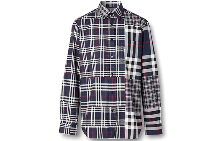 Burberry Check Spliced Square Collar Single-Breasted Shirt Dark Gray