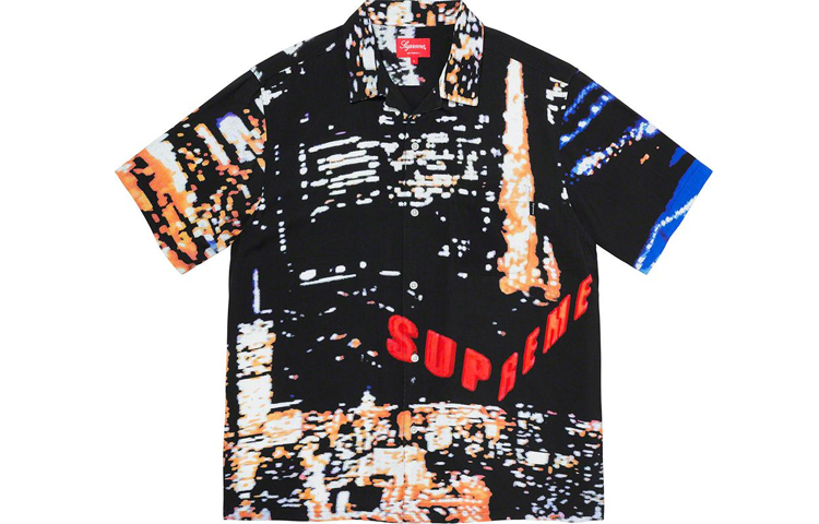 Supreme SS20 Week 2 City Lights Rayon S/S Shirt City Night Scenery Printed American Fashion Shirt, Same Style for Men and Women, Black