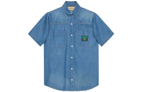 GUCCI Logo Patch Short-sleeved Denim Shirt