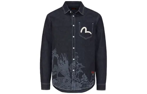 EVISU Shirts Men's Denim Blue Lapel Moderate Denim