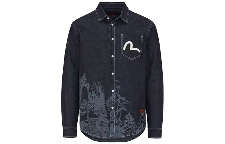 EVISU Shirts Men's Denim Blue Lapel Moderate Denim
