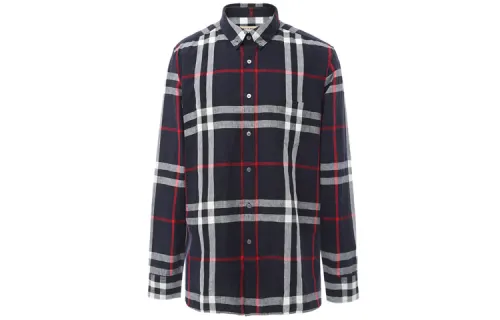 Burberry Shirts Men's Dark Blue Plaid Lapel Moderate Shirt