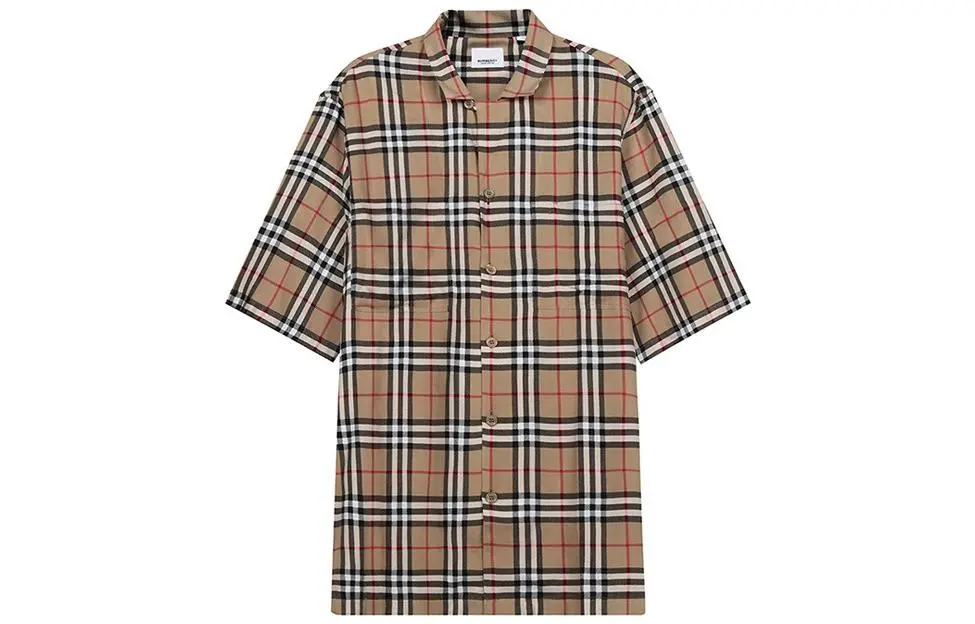 Burberry Mens Check Twill Single-Breasted Short Sleeve Shirt Beige