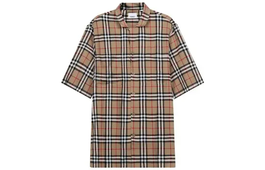 Burberry Mens Check Twill Single-Breasted Short Sleeve Shirt Beige