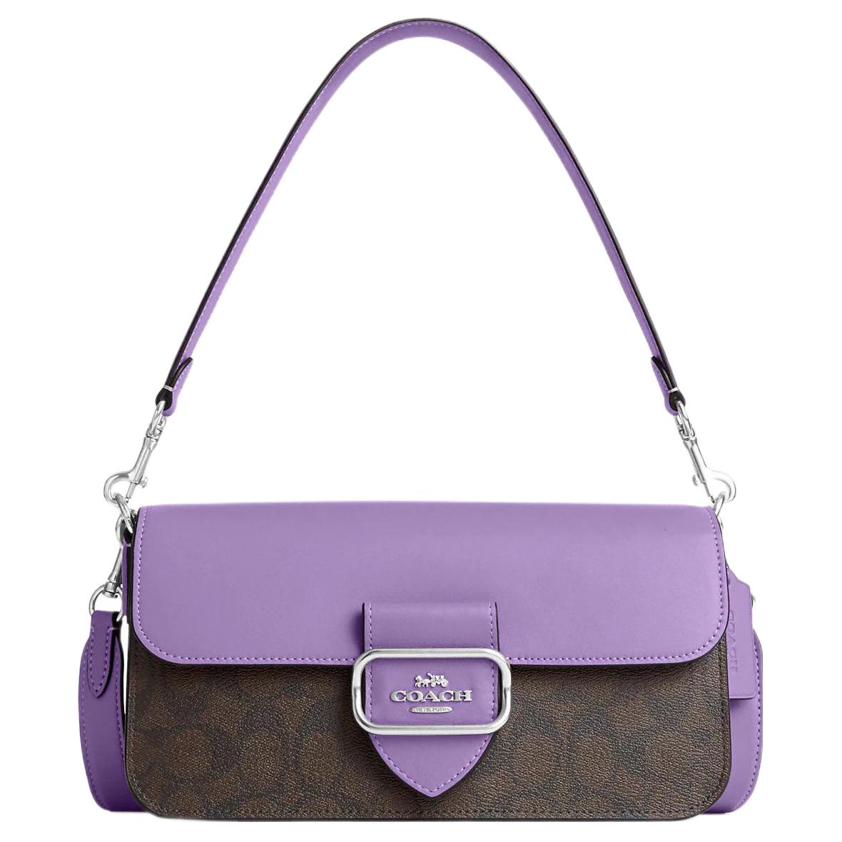 COACH Morgan Canvas With Leather Baguette Bag Handbag, Shoulder Bag Large Women's Purple & Dark Brown Monogram