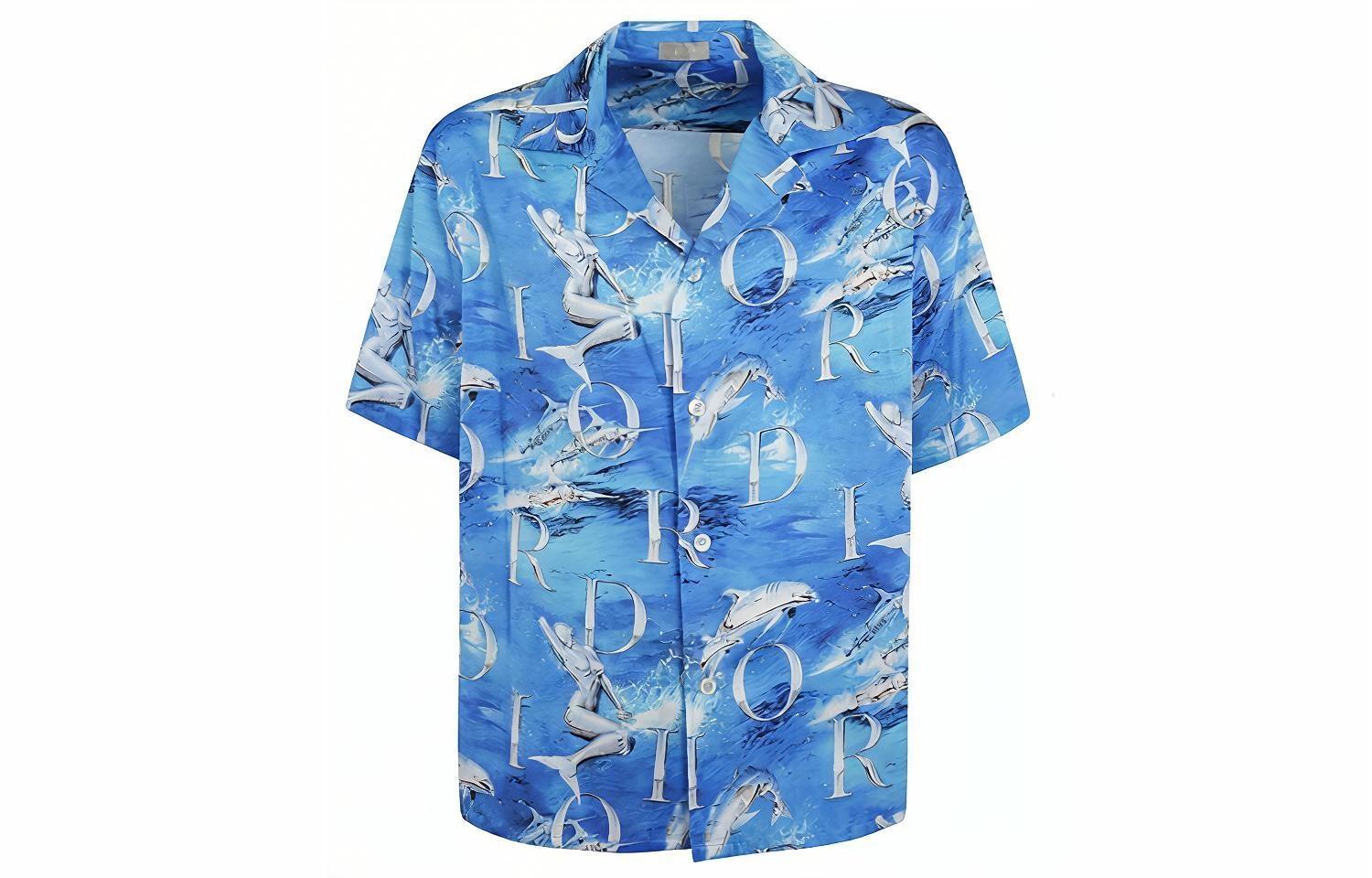 Мужская рубашка Dior Dolphin Print (синяя)