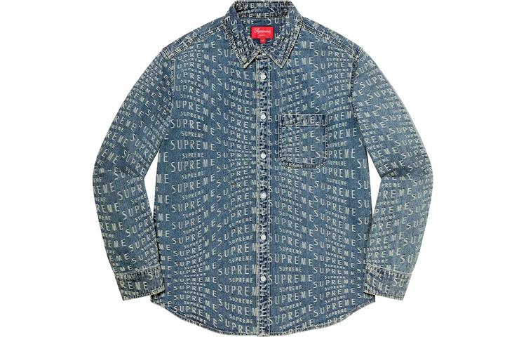 Рубашка Supreme Warp Jacquard Logos Denim Shirt (синяя) — фото 3