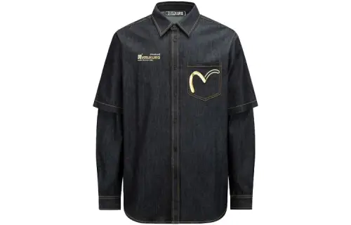 EVISU Shirts Men's Denim Blue Lapel Moderate Mock Two Piece