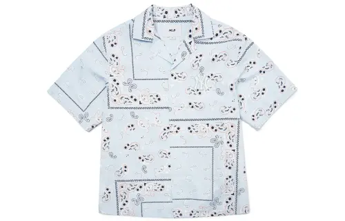 MLB New York Yankees contrast cashew flower woven print casual all-over print short-sleeved shirt, same style for men and women, light blue