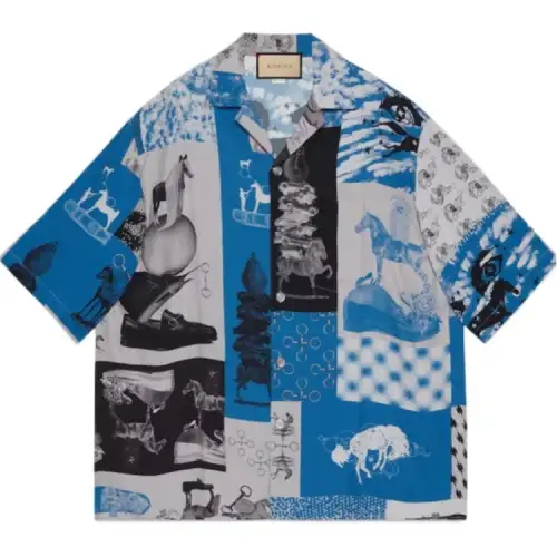 GUCCI Shirts Men's Blue Cuban Collar Moderate Other