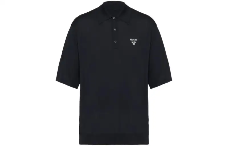 PRADA Polo Shirts Men's Black Polo Collar Moderate Straight Fit