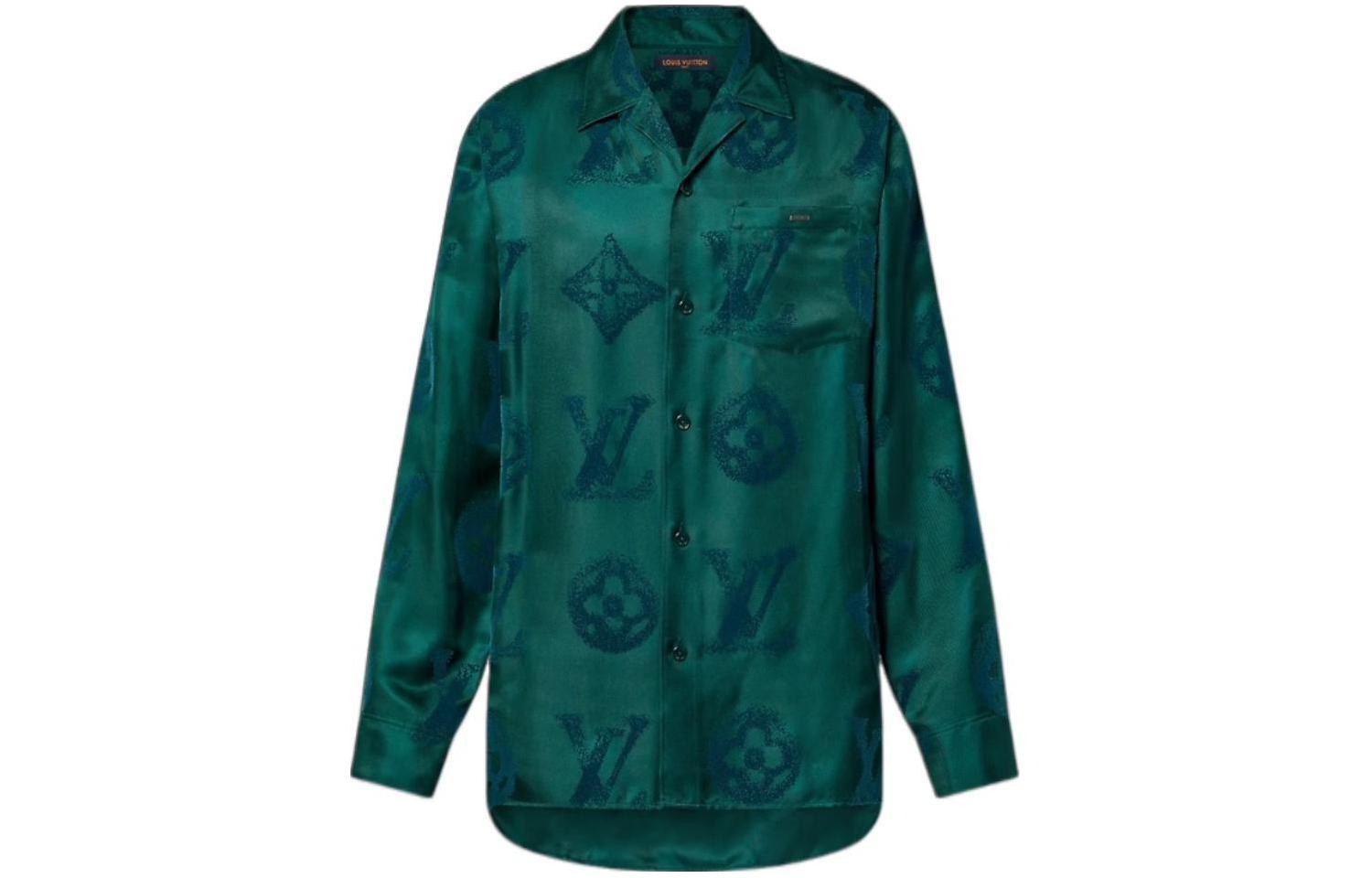 LOUIS VUITTON Monogram Flocked Silk Long Sleeved Shirt Men's Green
