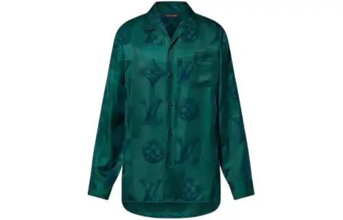 LOUIS VUITTON Monogram Flocked Silk Long Sleeved Shirt Men's Green