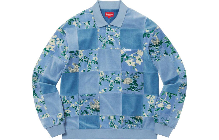 Supreme FW21 Week 12 Floral Patchwork Velour L/S Polo American trendy floral patchwork velvet long-sleeved Polo shirt, same style for men and women