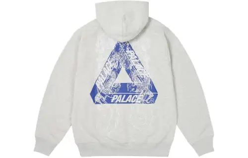 PALACE SS24 Year of the Dragon limited series TRI-DRAGON HOOD THE DEEP hooded long-sleeved sweatshirt with dragon print on the back, same style for men and women, gray