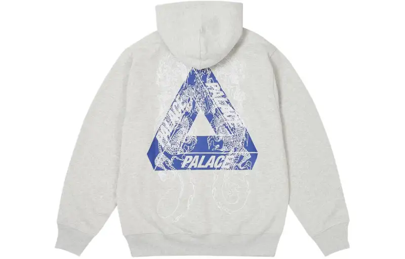 PALACE SS24 Year of the Dragon limited series TRI-DRAGON HOOD THE DEEP hooded long-sleeved sweatshirt with dragon print on the back, same style for men and women, gray